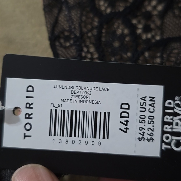 Torrid Curve Unlined Balconette Black Lace Underwire Bra 44DD NWT - Picture 6 of 8